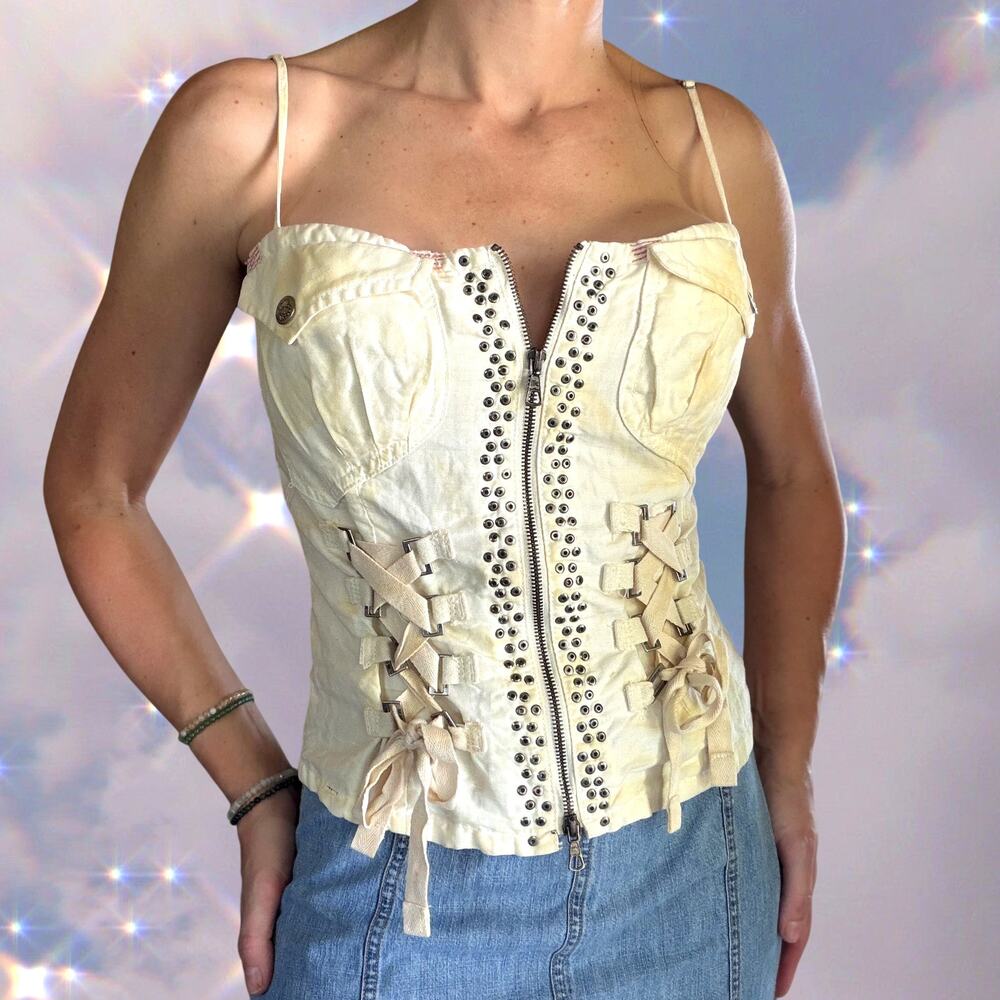 Y2K Parasuco Linen Corset Top Lace Up Studded Grunge Utility Bustier